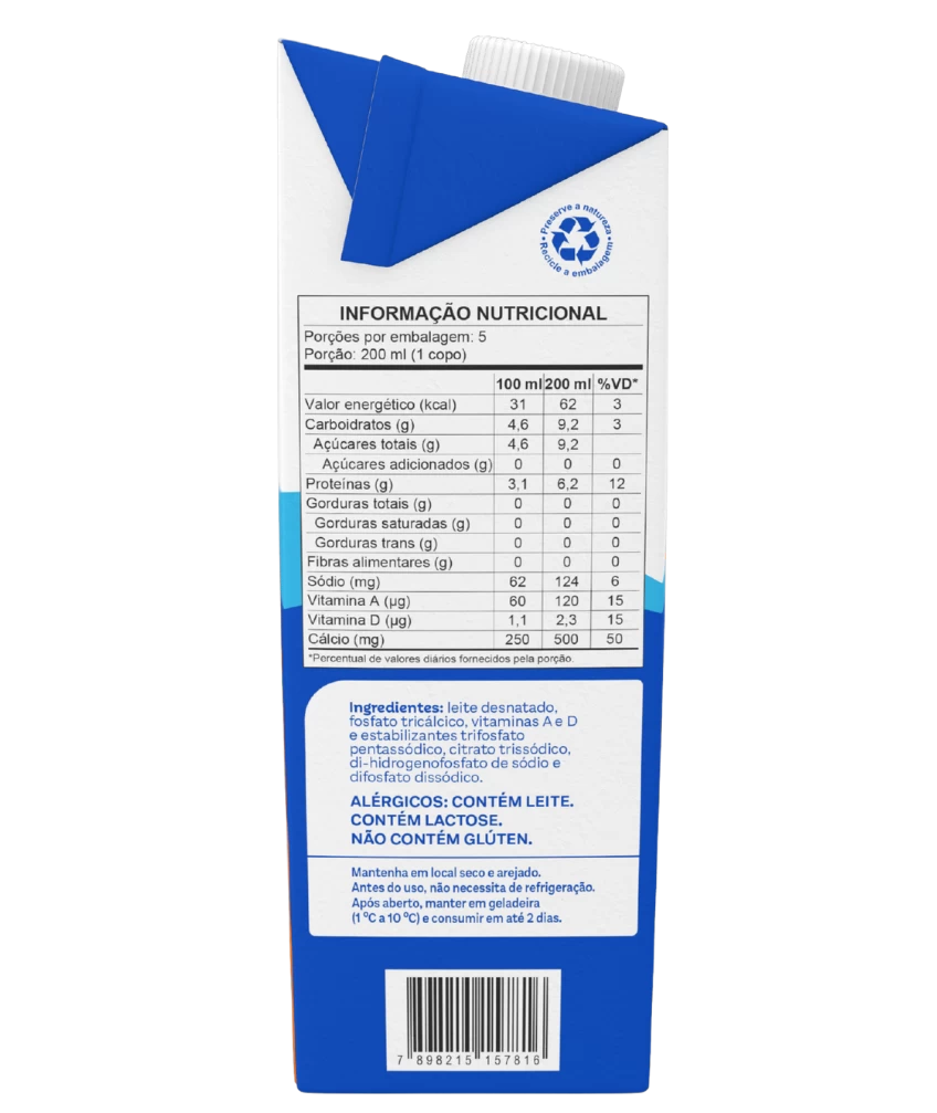 Leite Desnatado +Cálcio Piracanjuba 1L - Tabela Nutricional