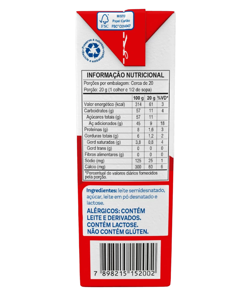 Leite Condensado Semidesnatado Piracanjuba 395g - Tabela Nutricional