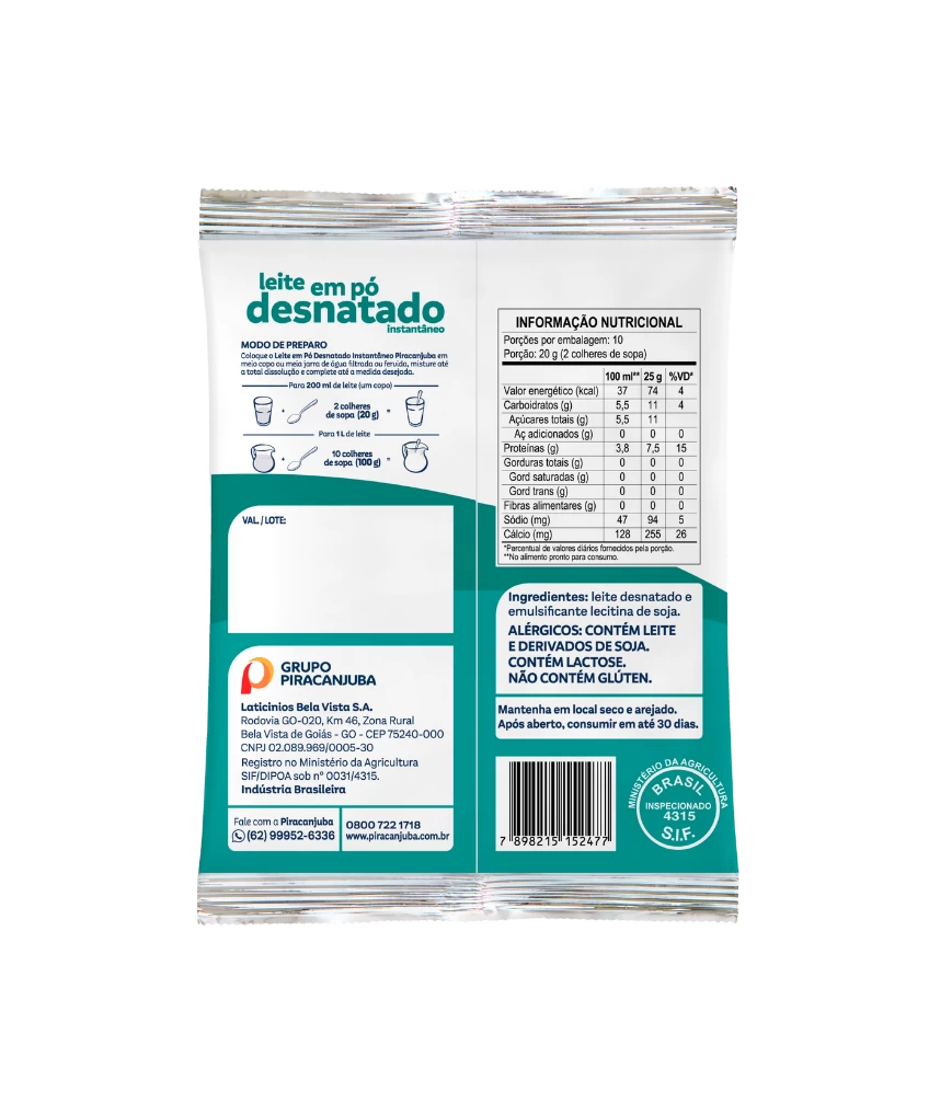 Leite em Pó Desnatado Instantâneo Piracanjuba 200g - Tabela Nutricional