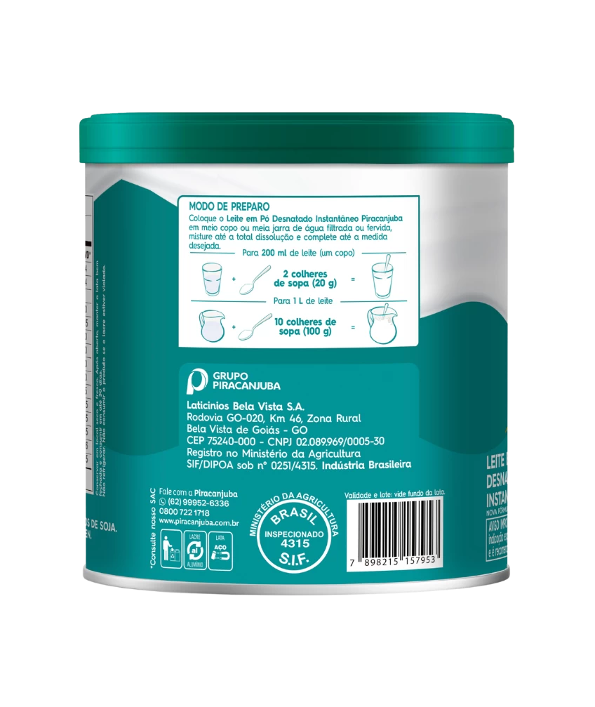 Leite em Pó Desnatado Instantâneo Piracanjuba 300g - Modo de Preparo