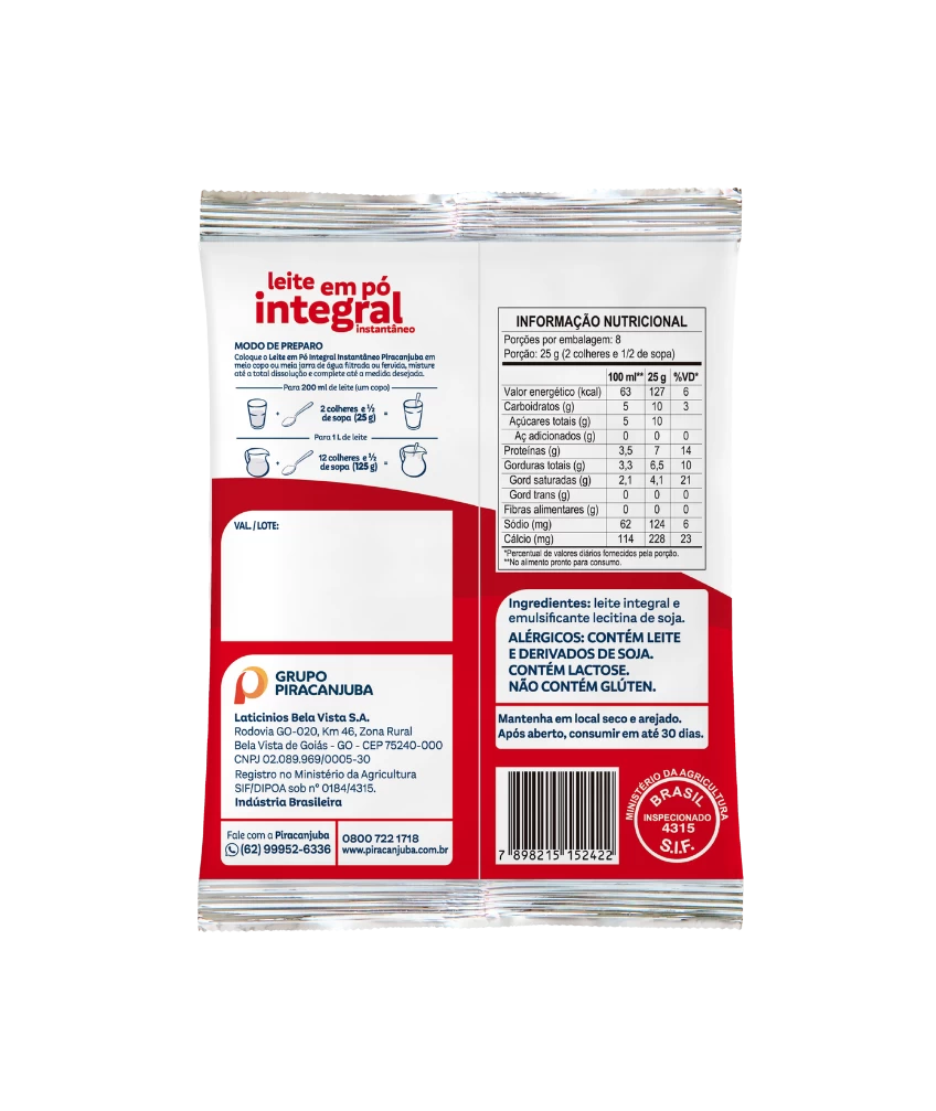 Leite em Pó Integral Instantâneo Piracanjuba 200g - Tabela Nutricional