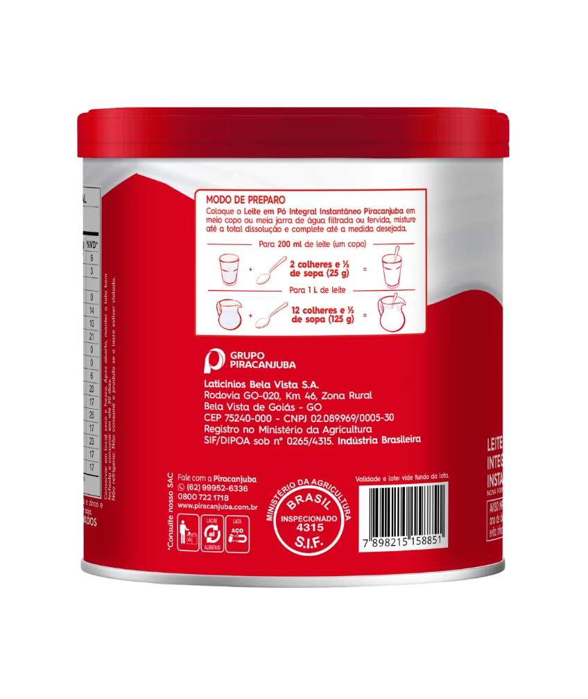 Leite em Pó Integral Instantâneo Piracanjuba Lata 380 g