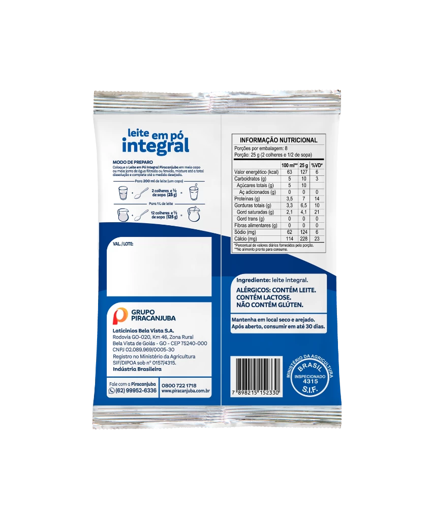 Leite em Pó Integral Piracanjuba 200g