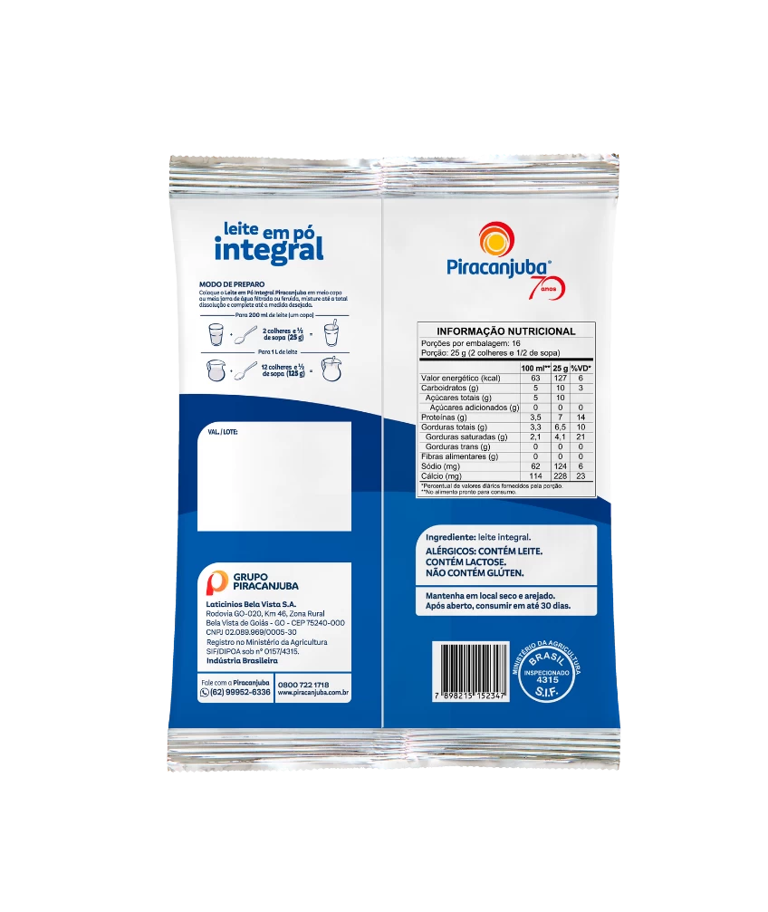 Leite em Pó Integral Piracanjuba 400g - Tabela Nutricional