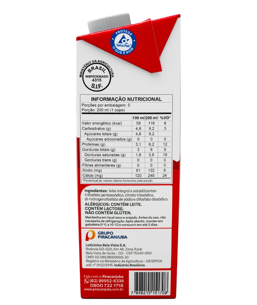 Leite Integral Piracanjuba 1L - Tabela Nutricional