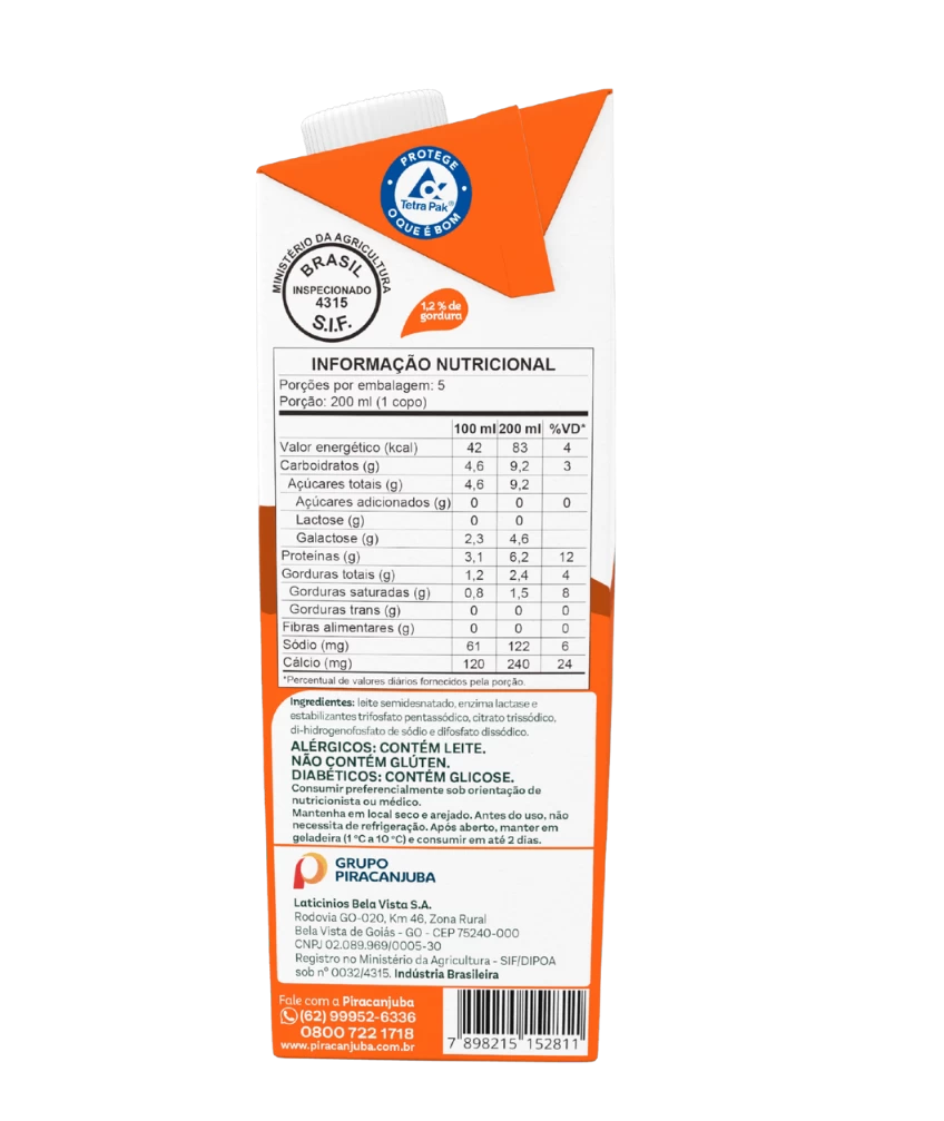 Leite Semidesnatado Zero Lactose Piracanjuba 1L - Tabela Nutricional