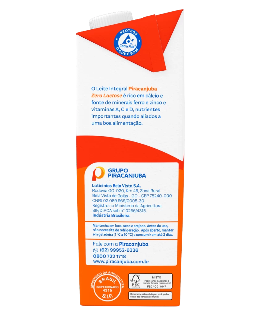 Leite Integral Zero Lactose Piracanjuba 1L