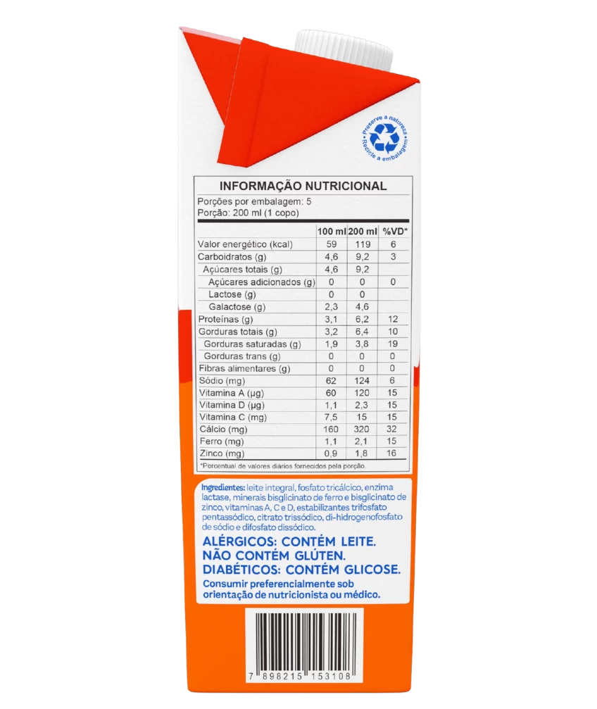 Leite Integral Zero Lactose Piracanjuba 1L - Tabela Nutricional