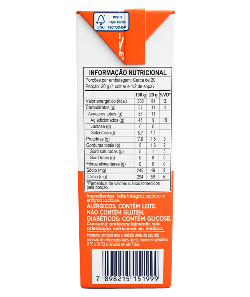 Leite Condensado Zero Lactose Piracanjuba 395g - Tabela Nutricional