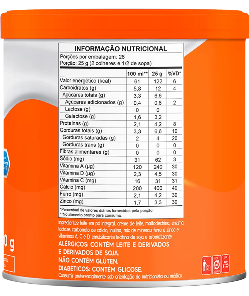 Composto Lácteo Zero Lactose Piracanjuba 380g - Tabela nutricional